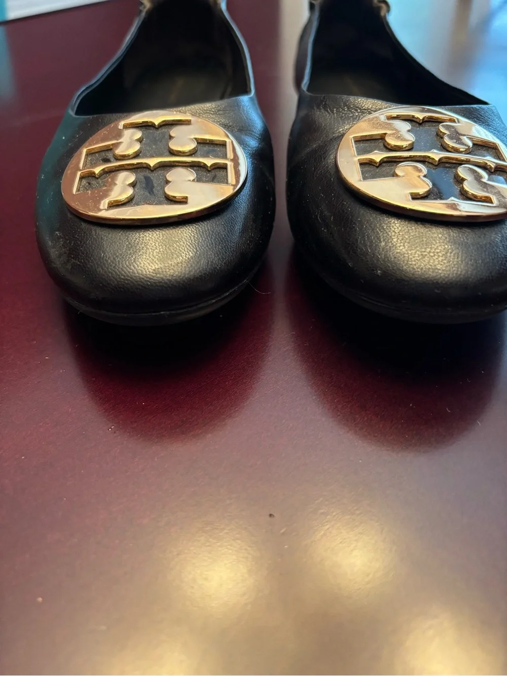 Tory Burch Black Leather Ballet Flats with Gold Logo Medallions